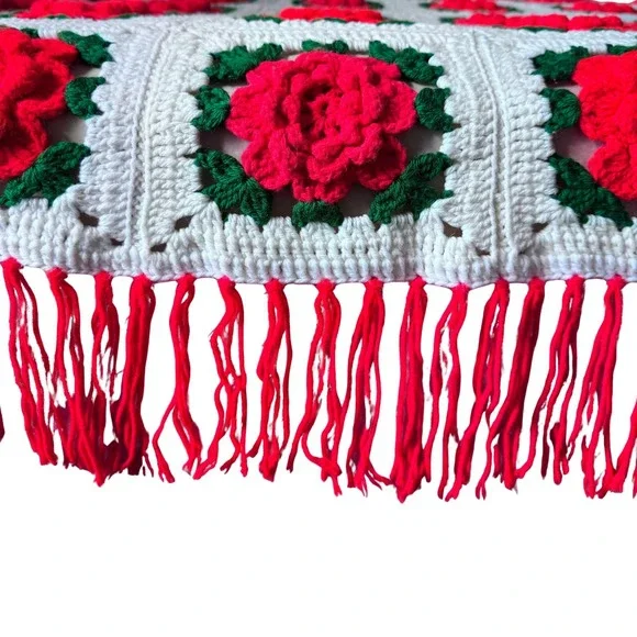 Red Rose Granny Square Chrochet Blanket-‎ Handmade Afghan Throw, Vintage 1970's - Picture 4 of 10